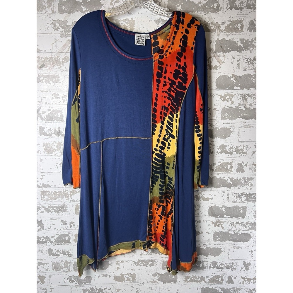 Parsley & Sage Tunic Shirt/Dress Sz L Wearable Art Blue Patchwork Sharkbite Hem - Picture 14 of 14